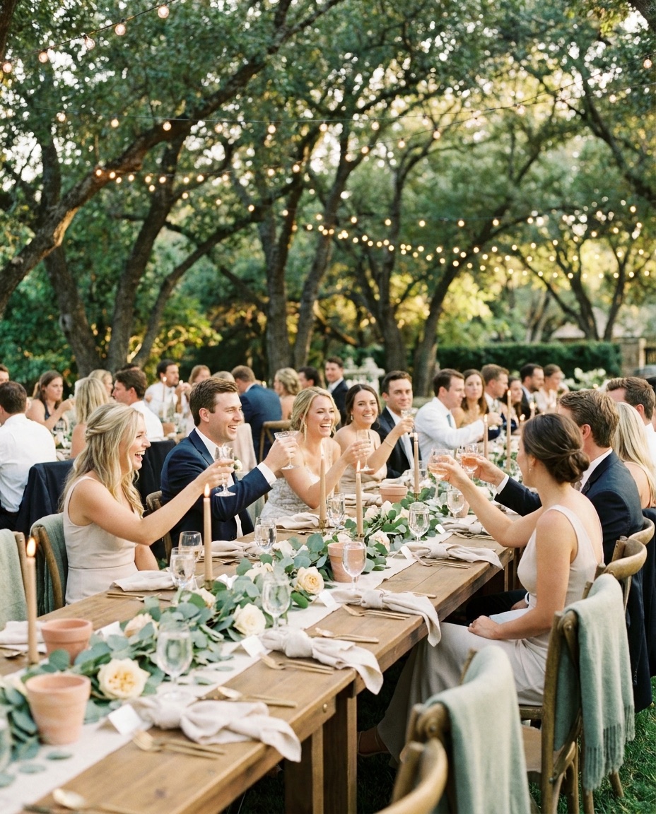 Guests raising glasses at a garden wedding reception
