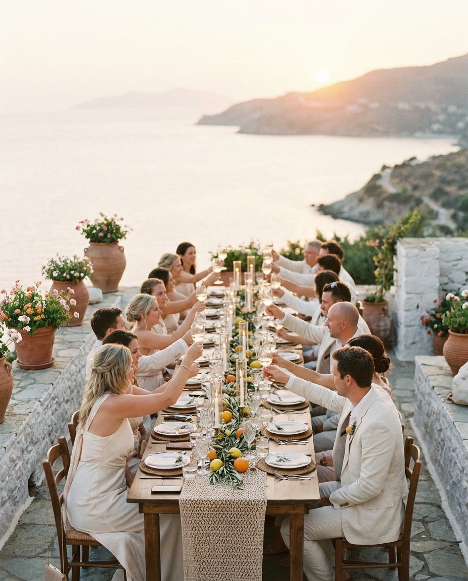 Destination wedding dinner on a coastal terrace at sunset