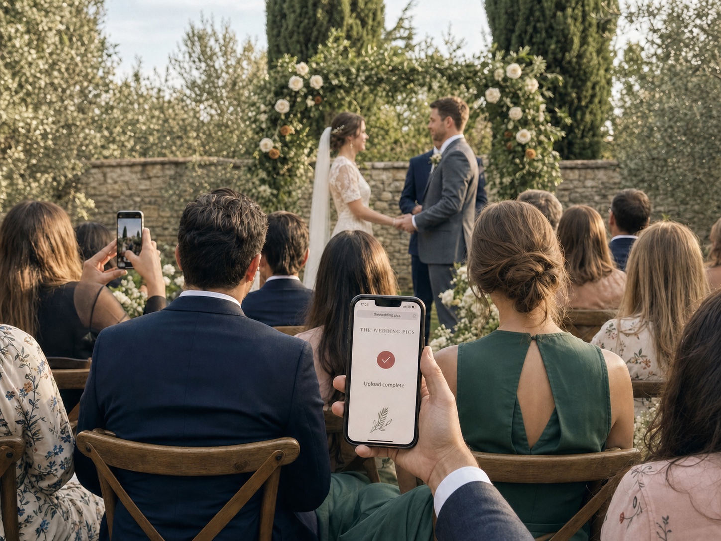 A guest completing a The Wedding Pics upload during a garden wedding ceremony