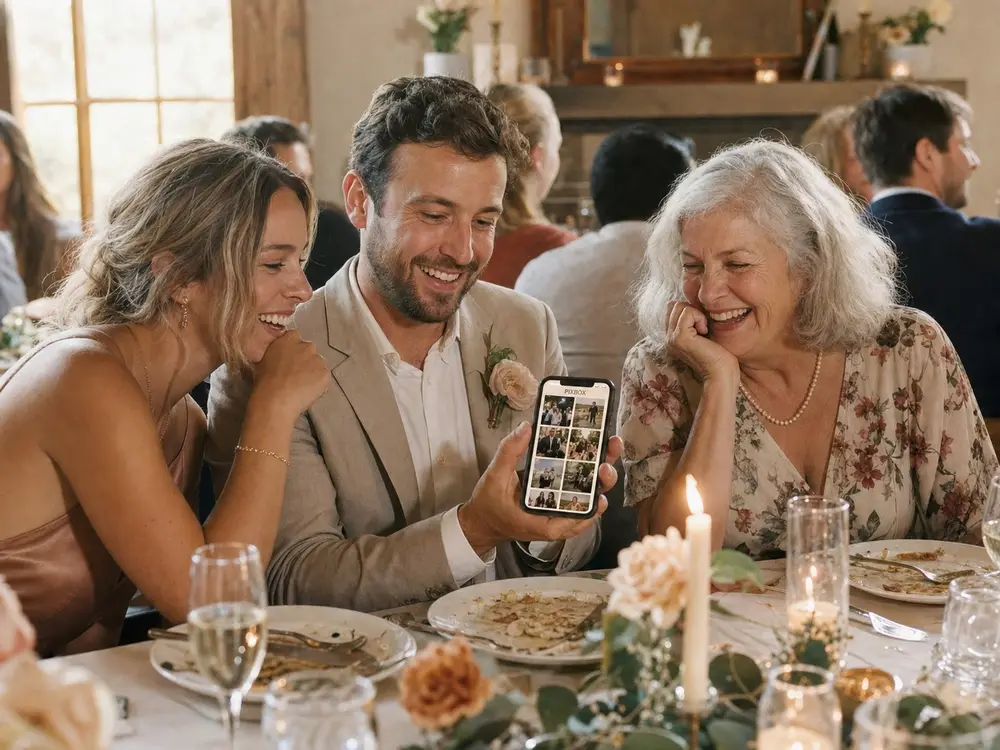 Wedding guests laughing together while viewing their The Wedding Pics gallery on a phone