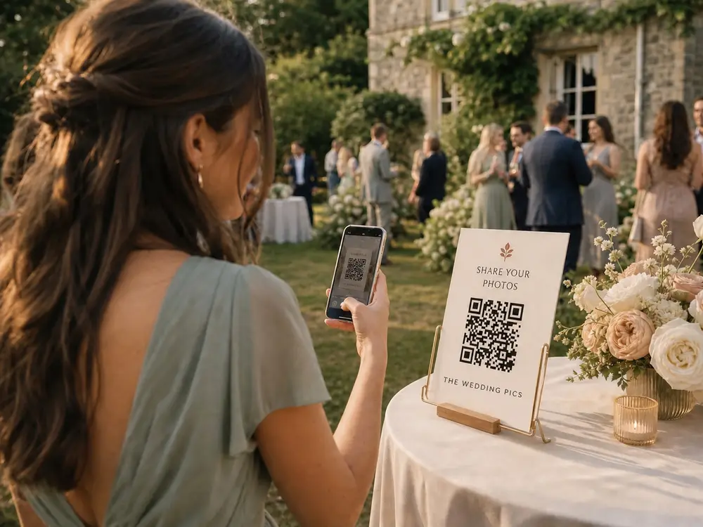 Wedding guest scanning a The Wedding Pics QR code sign at a garden reception